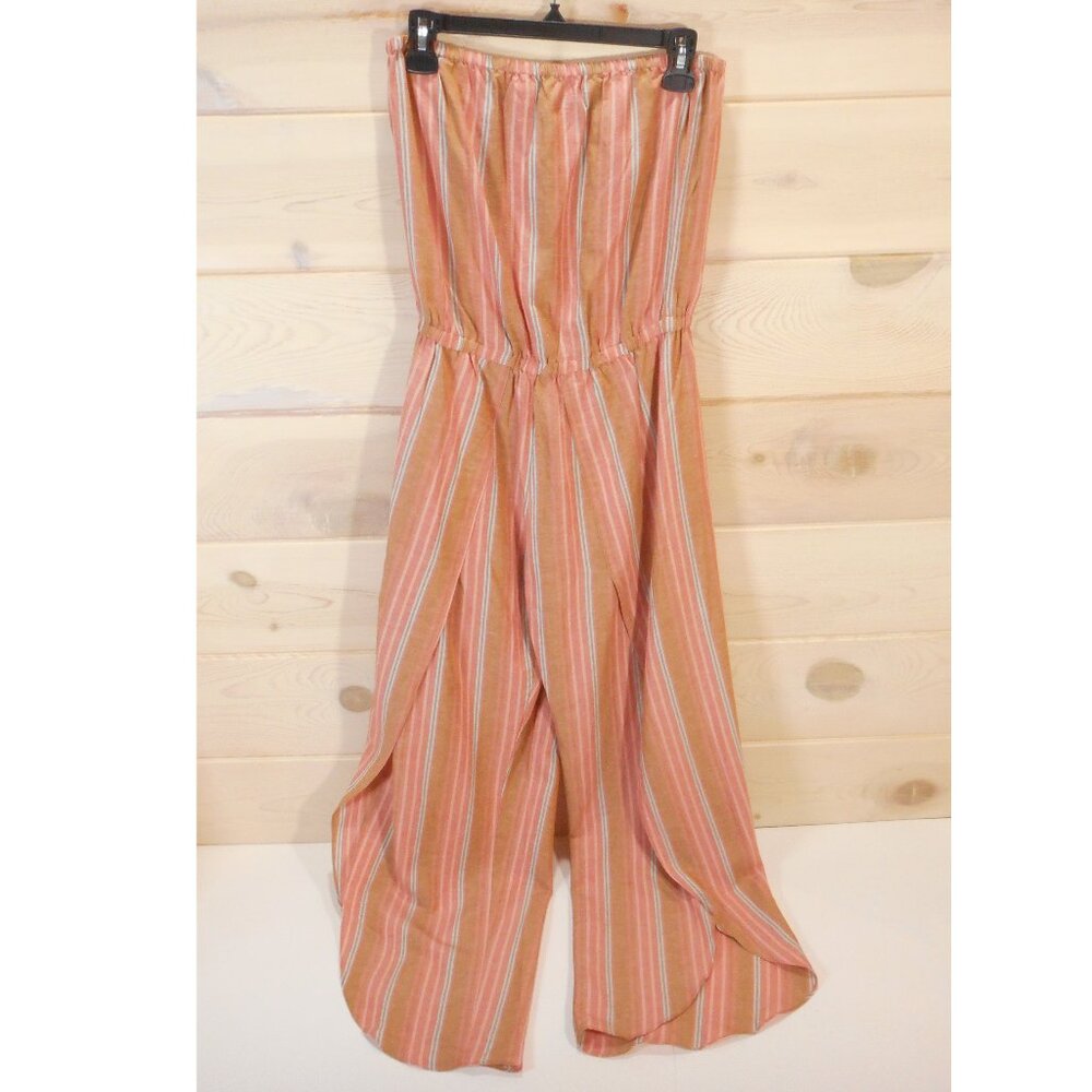 NWT Drew Jumpsuit Women S Strapless Emerson Linen Blend Salmon Striped Beachy
